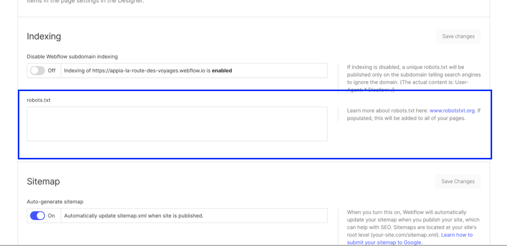 robot.txt dans Webflow