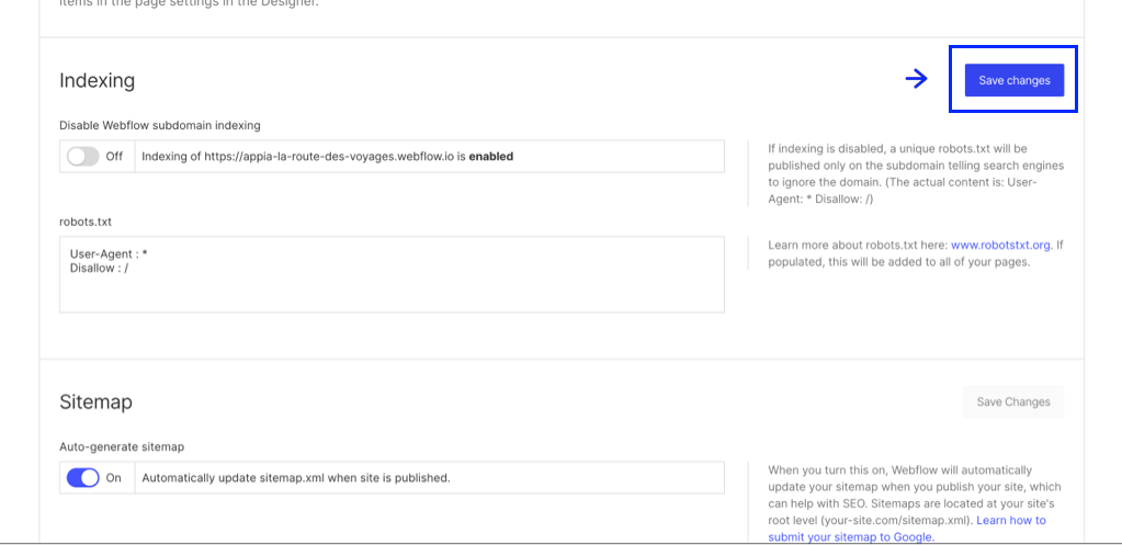 Sauvegarder modification fichier robot.txt dans Webflow