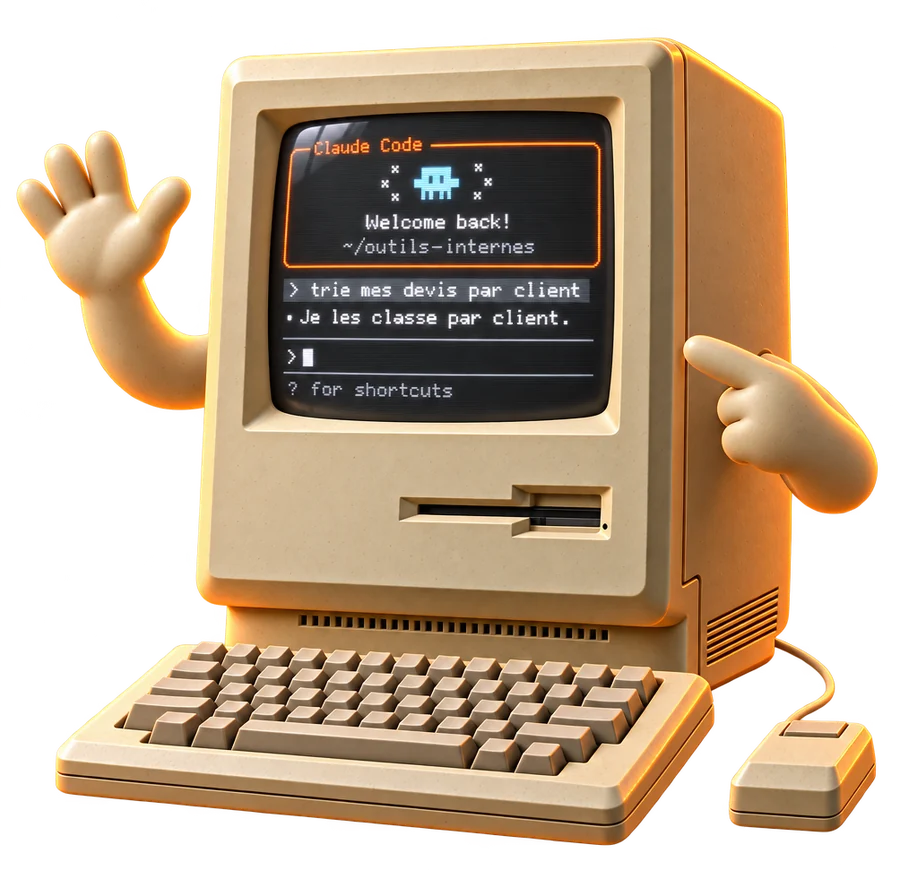 La mascotte : un ordinateur beige des années 80 qui fait coucou, Claude Code affiché à l'écran